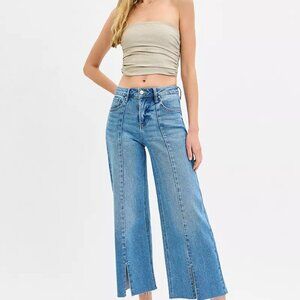 RISEN Tummy Control Mid Rise Crop Wide Front Slit Jeans